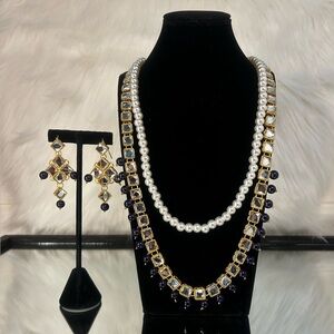 Navy Blue Gold Kundan Pearls Necklace With Earrings